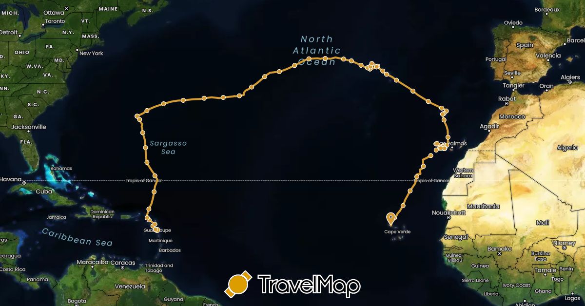 TravelMap itinerary: sv marin in Antigua and Barbuda, Bermuda, Cape Verde, Spain, France, Saint Martin, Montserrat, Portugal (Africa, Europe, North America)