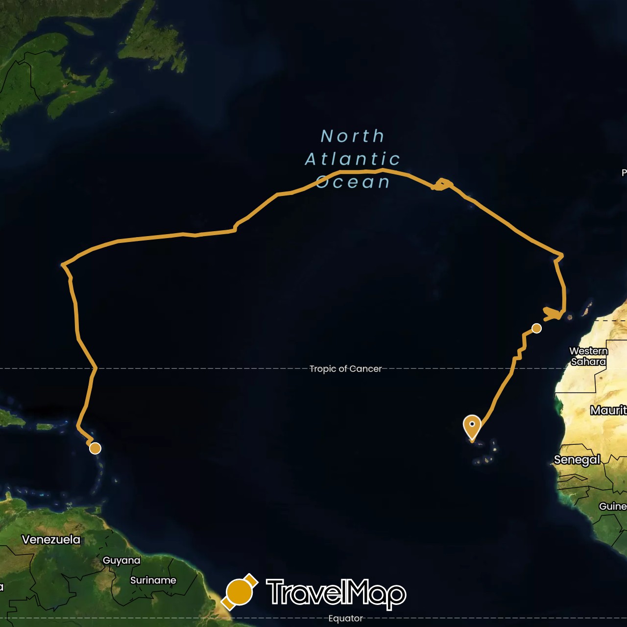 TravelMap itinerary: sv marin in Antigua and Barbuda, Bermuda, Cape Verde, Spain, France, Saint Martin, Montserrat, Portugal (Africa, Europe, North America)