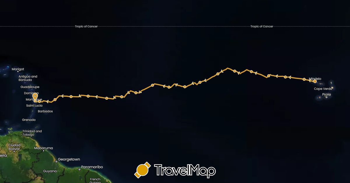 TravelMap itinerary: driving, sv marin in Cape Verde, France, Martinique (Africa, Europe, North America)