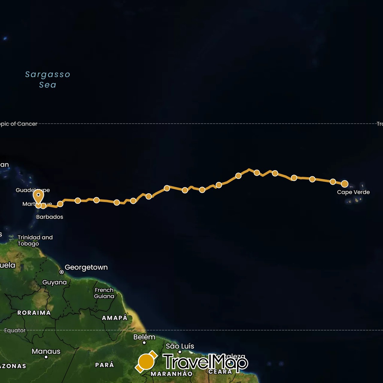TravelMap itinerary: driving, sv marin in Cape Verde, France, Martinique (Africa, Europe, North America)