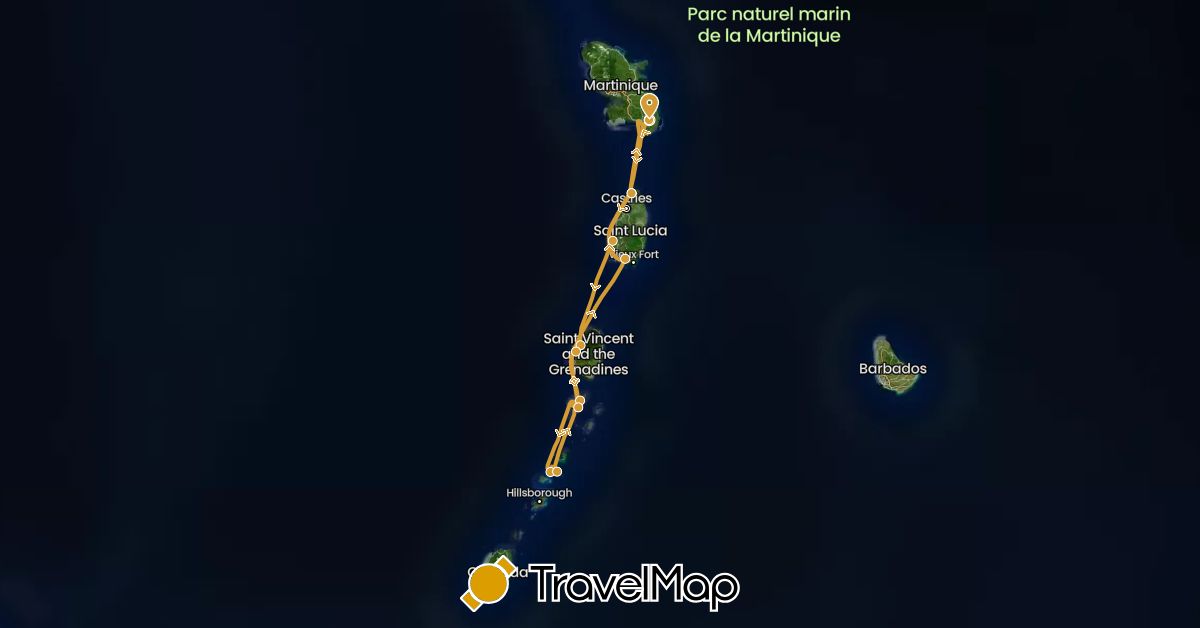 TravelMap itinerary: driving, sv marin in France, Saint Lucia, Martinique, Saint Vincent and the Grenadines (Europe, North America)
