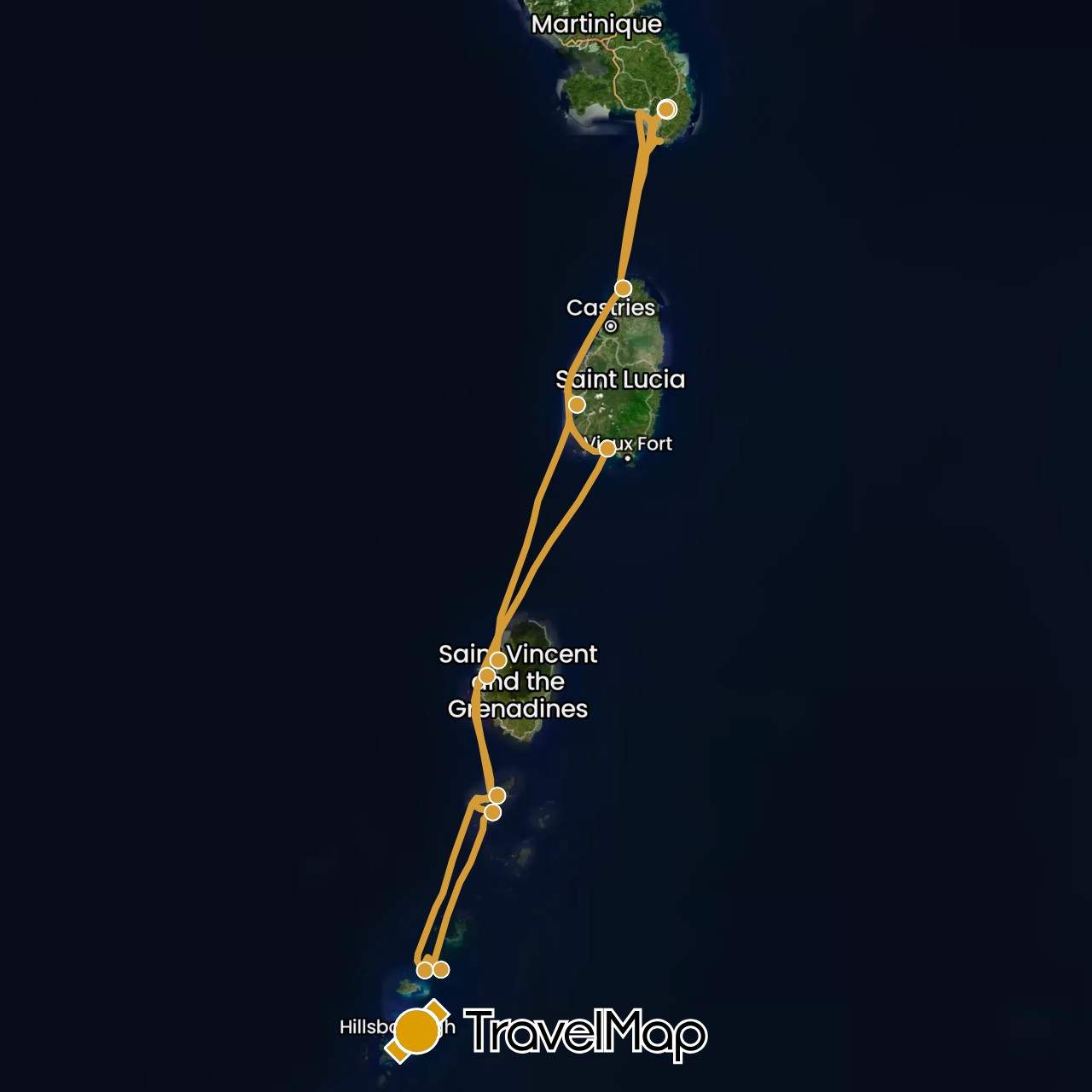 TravelMap itinerary: driving, sv marin in France, Saint Lucia, Martinique, Saint Vincent and the Grenadines (Europe, North America)