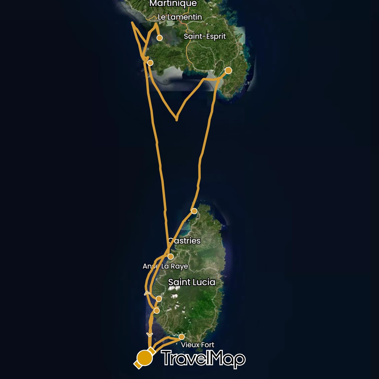 TravelMap itinerary: driving, sv marin in France, Saint Lucia, Martinique (Europe, North America)