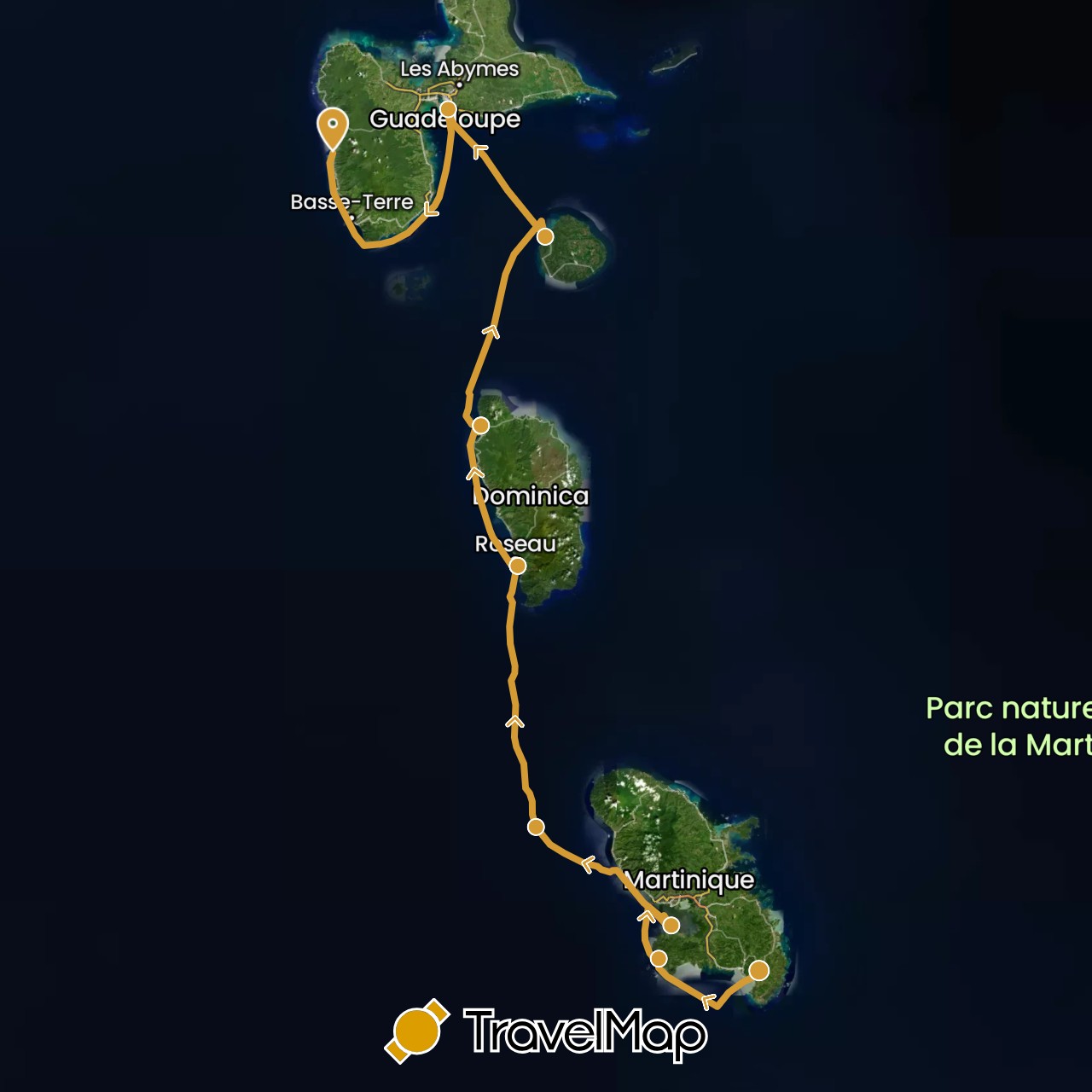 TravelMap itinerary: sv marin in Dominica, Guadeloupe, Martinique (North America)