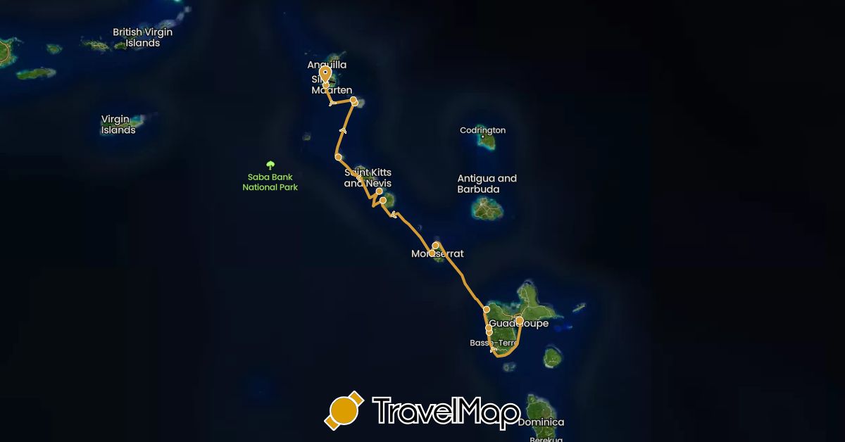 TravelMap itinerary: driving, sv marin in Netherlands Antilles, Saint Barthélemy, Guadeloupe, Saint Kitts and Nevis, Saint Martin, Montserrat (North America)