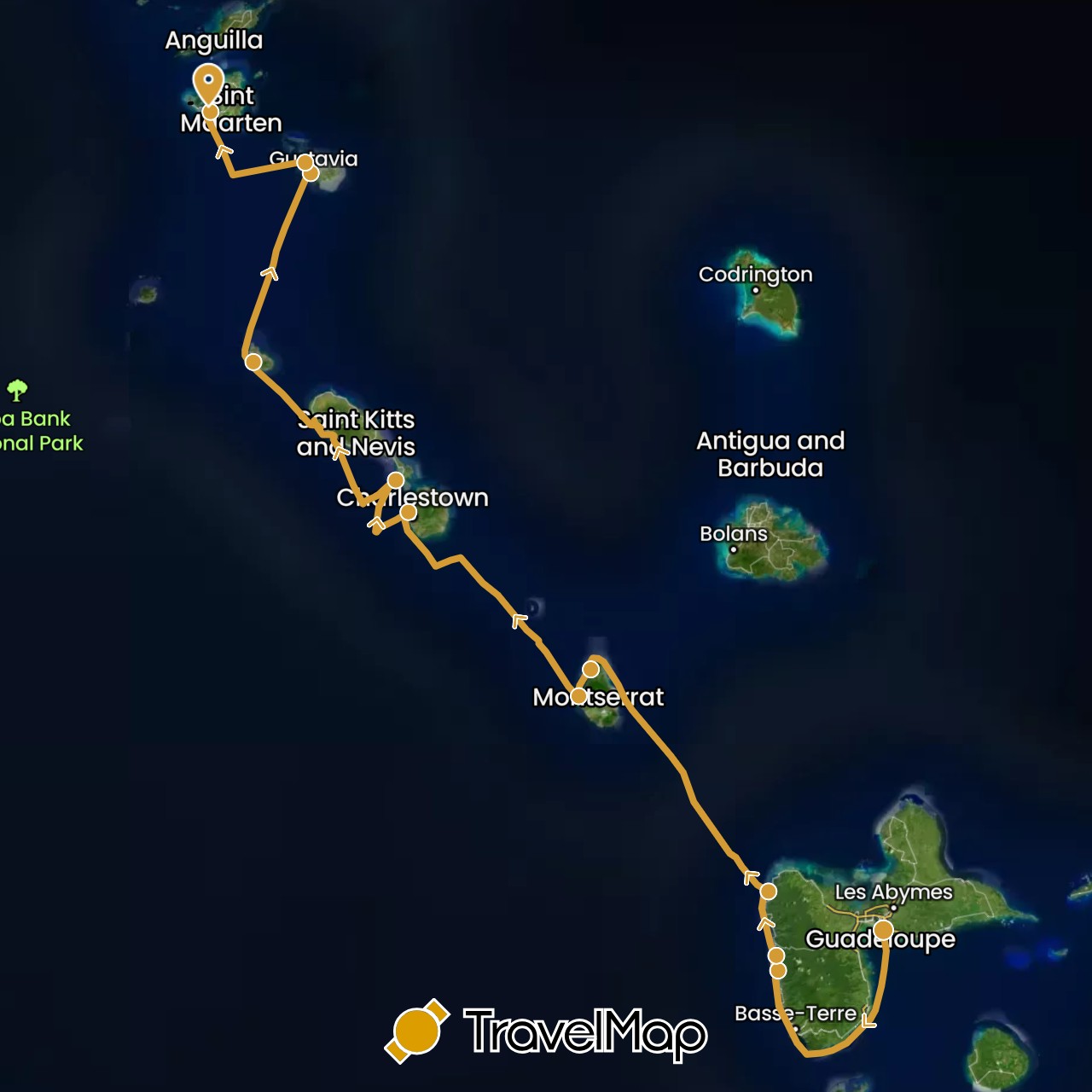 TravelMap itinerary: driving, sv marin in Netherlands Antilles, Saint Barthélemy, Guadeloupe, Saint Kitts and Nevis, Saint Martin, Montserrat (North America)