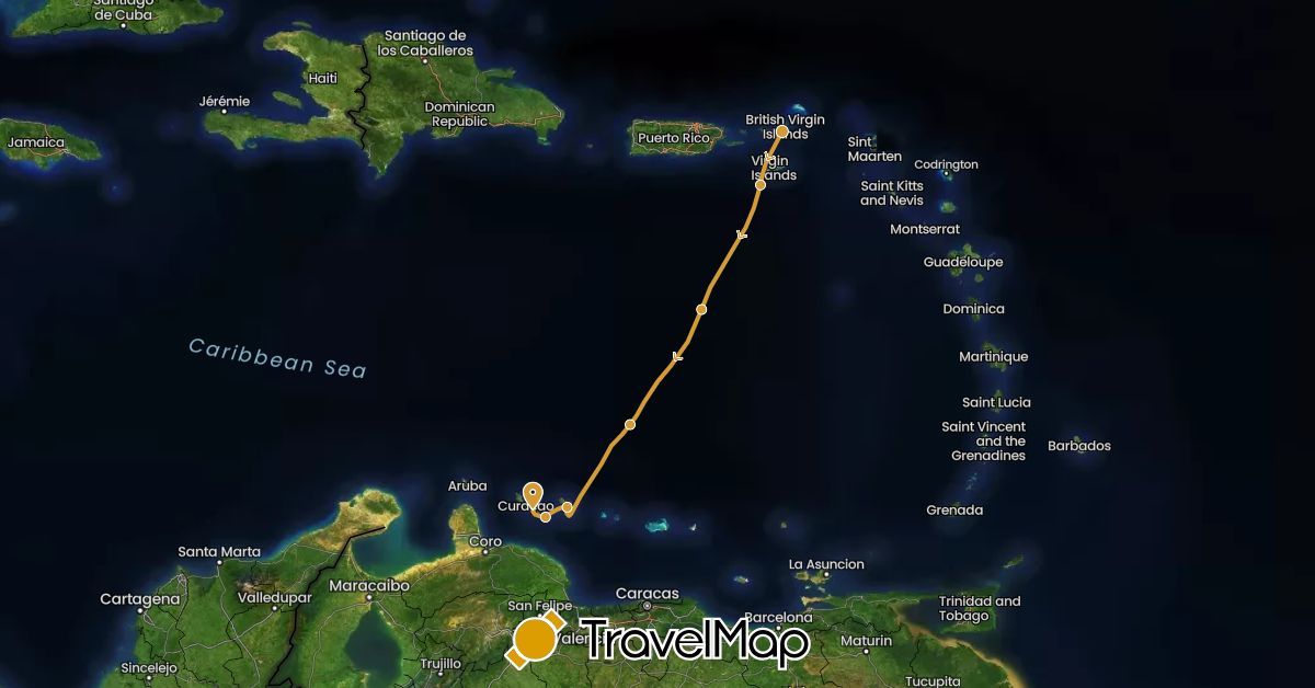 TravelMap itinerary: sv marin in Netherlands Antilles, British Virgin Islands (North America)