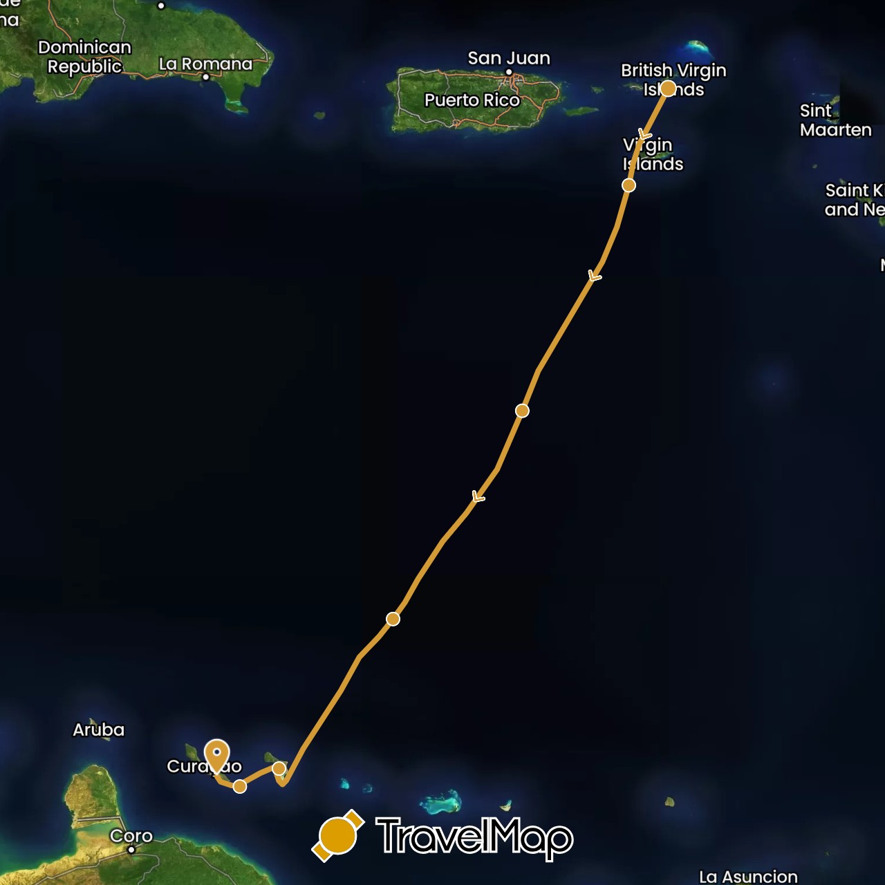 TravelMap itinerary: sv marin in Netherlands Antilles, British Virgin Islands (North America)